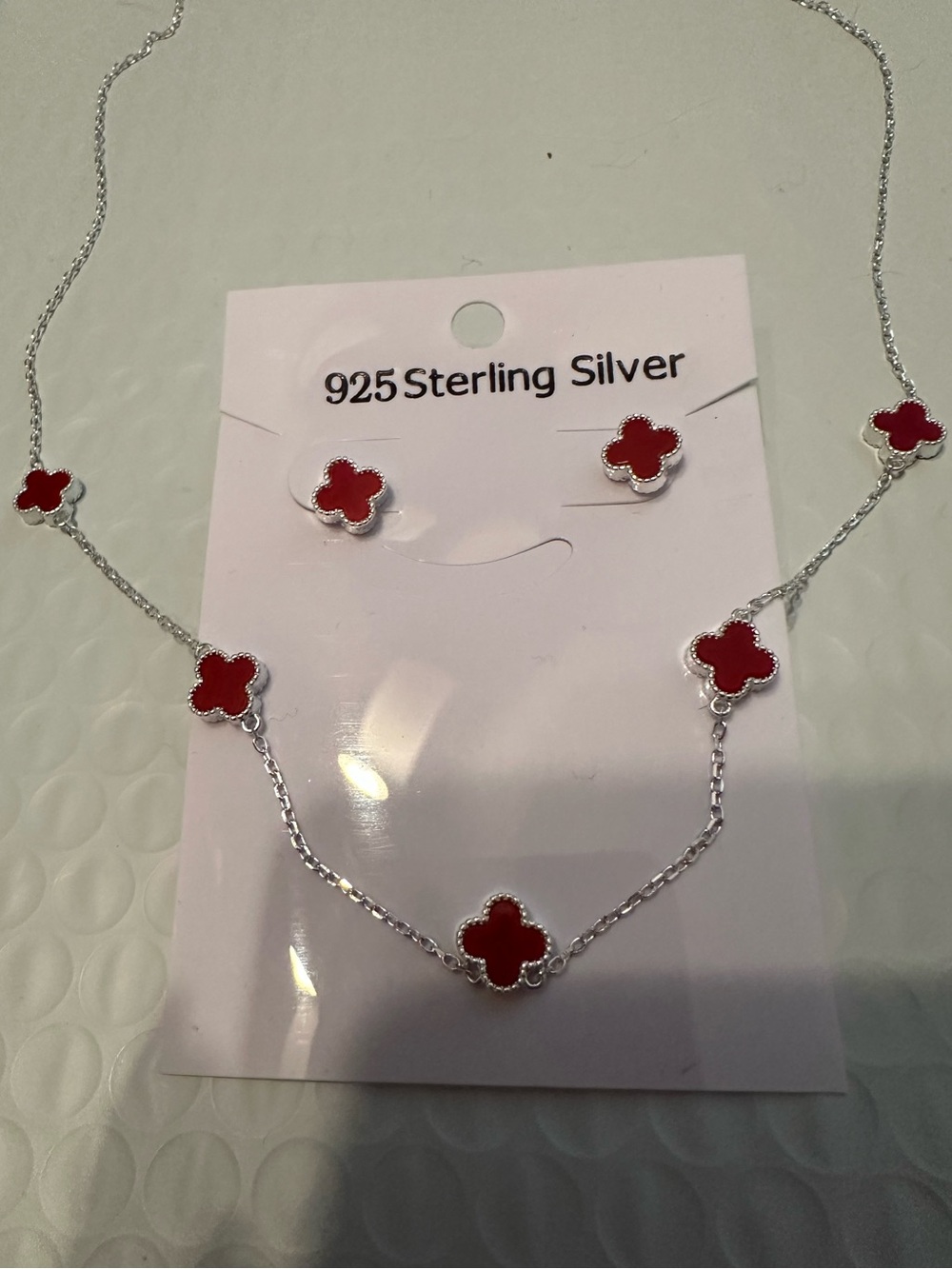 Trendy .925 Solid Sterling Silver Ruby Red Clover Necklace and Stud Earring Set - Picture 2 of 6